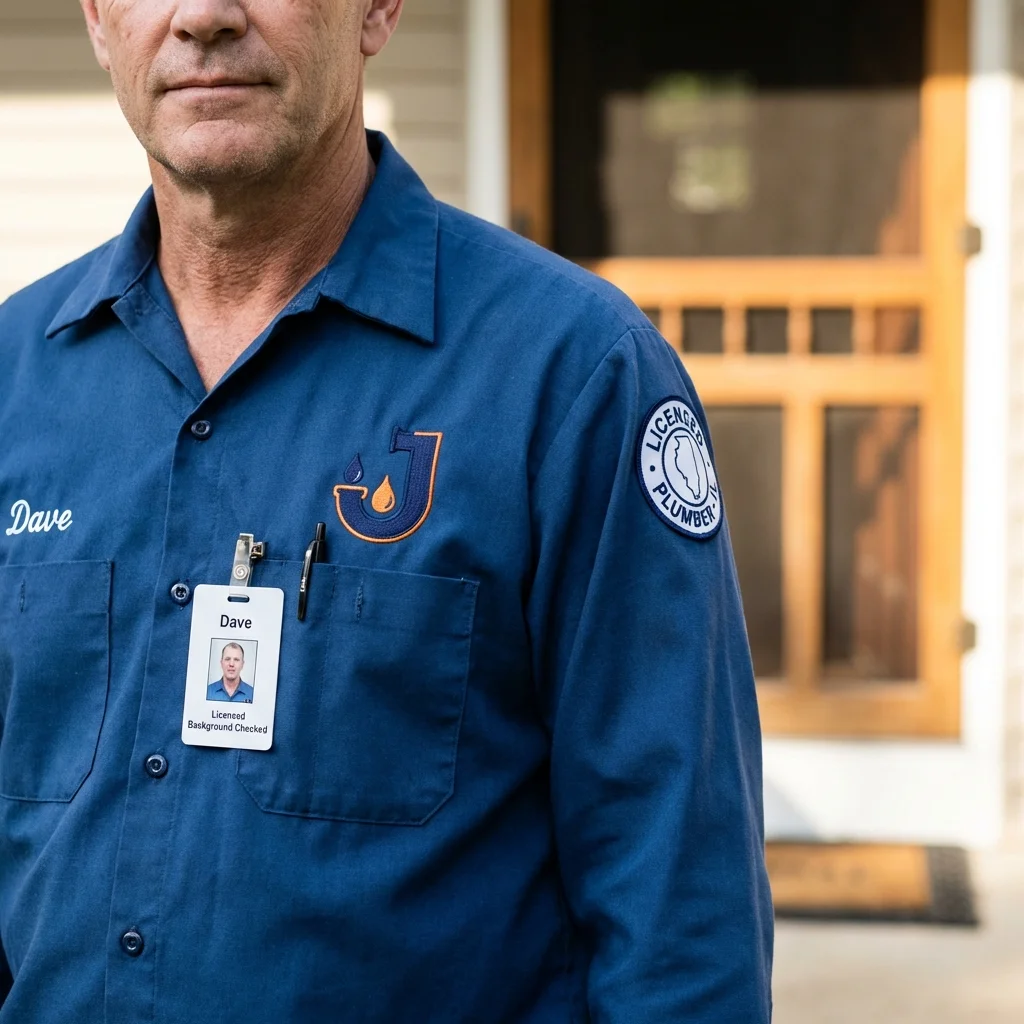 Licensed plumber showing ID badge in Harrisville, MI