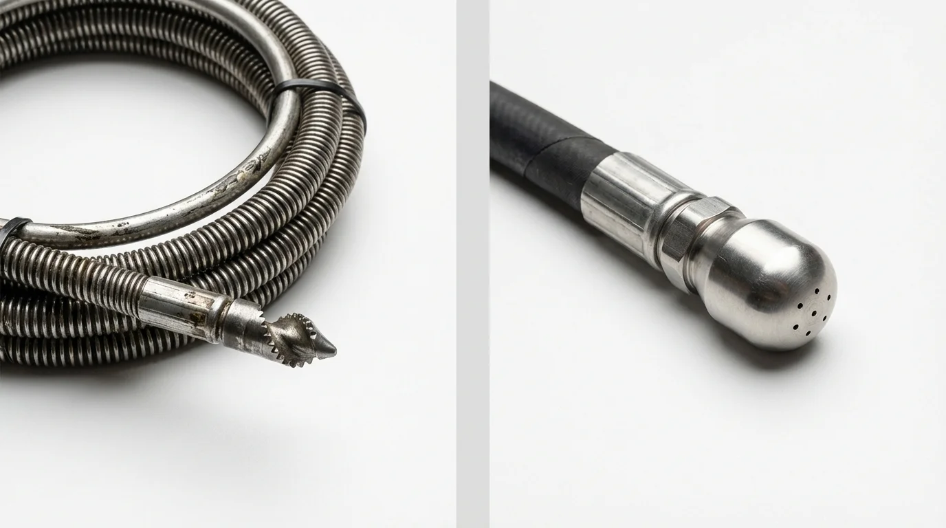 Drain snake cable and hydro jetting nozzle used for drain cleaning in Harrisville, MI
