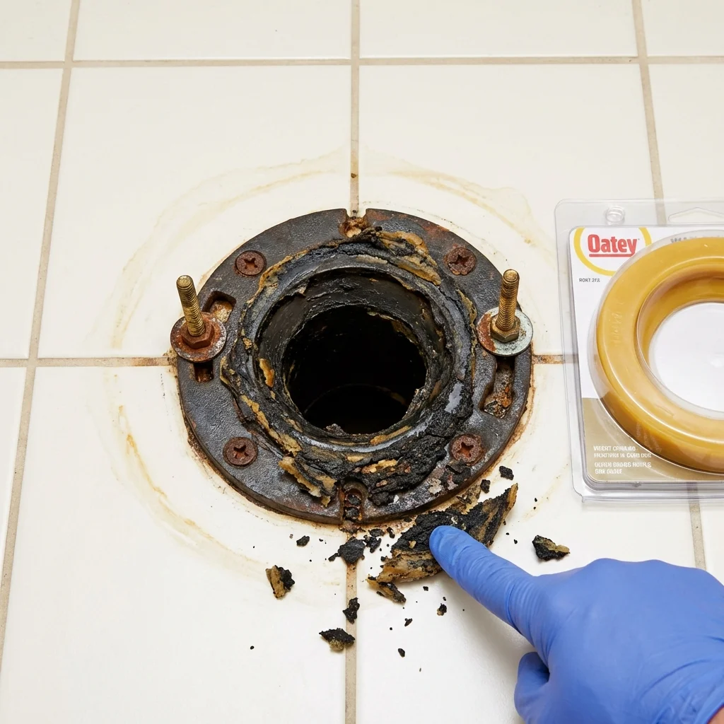 Failed wax ring showing water seepage at the base of a toilet in a Harrisville, MI home