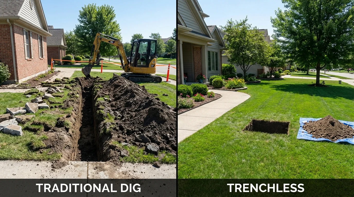 Trenchless sewer repair with minimal yard damage versus traditional excavation in Harrisville, MI