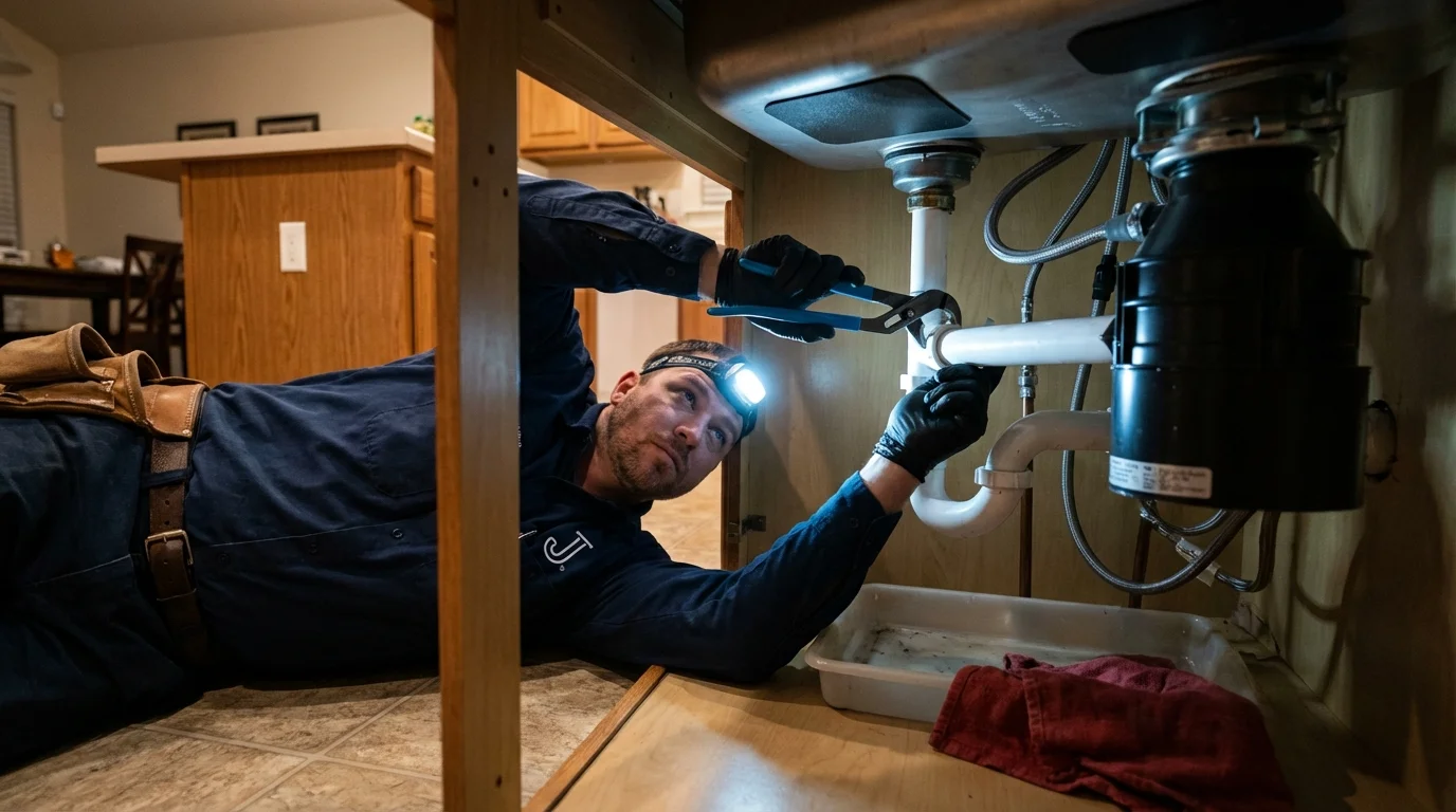 P-trap and supply line connections under a kitchen sink showing a common leak point in Harrisville, MI